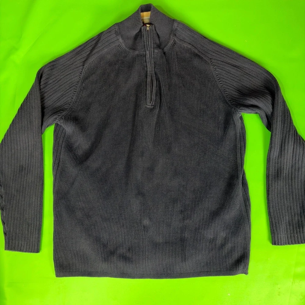 Tommy Bahama 1/4 Zip Sweater Mens XL Navy Blue Ribbed Knit Mock Neck Pullover